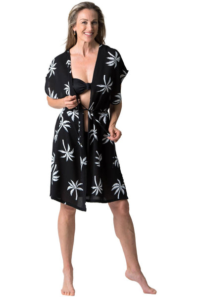 Cover me Palm Linen Front Tie Cover-Up, Black/white (24052886)
