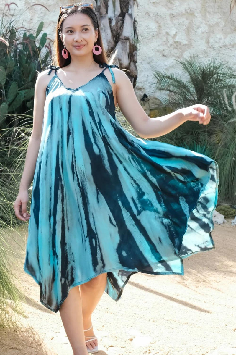 Suzie Blue Abstract Tie Dye Handkerchief Dress, Blue (LS1321BU)