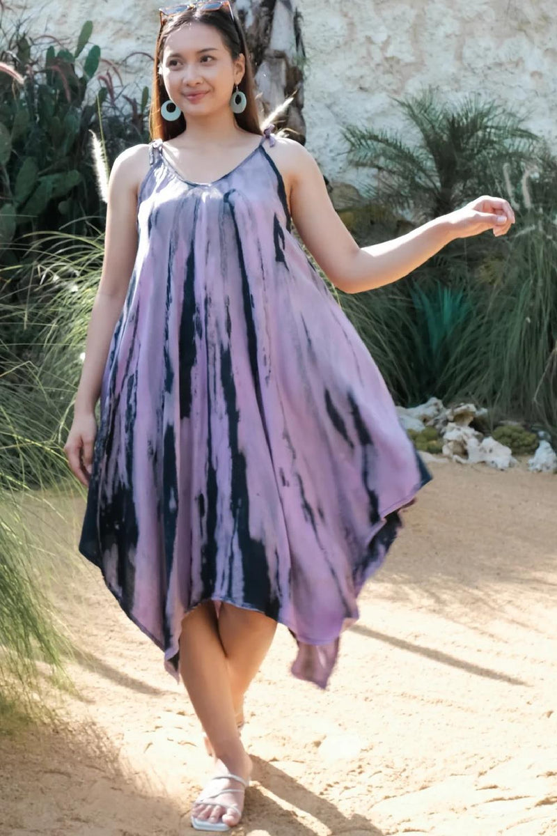 Suzie Blue Abstract Tie Dye Handkerchief Dress, Purple (LS1321PU)