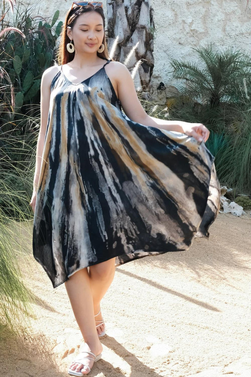 Suzie Blue Abstract Tie Dye Handkerchief Dress, Grey/Gold (LS1321GY)