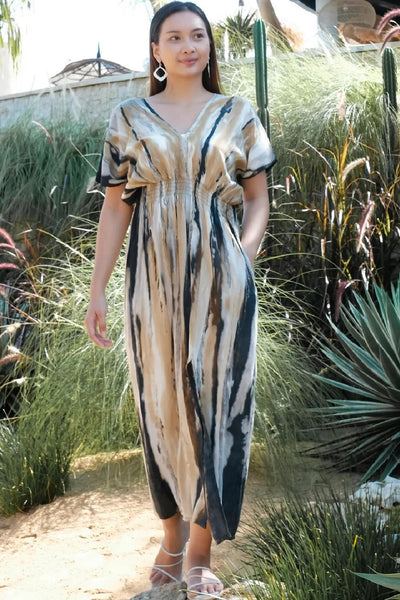 Suzie Blue Abstract Tie Dye V-Neck Dress, Grey/Gold (LS1325GY)