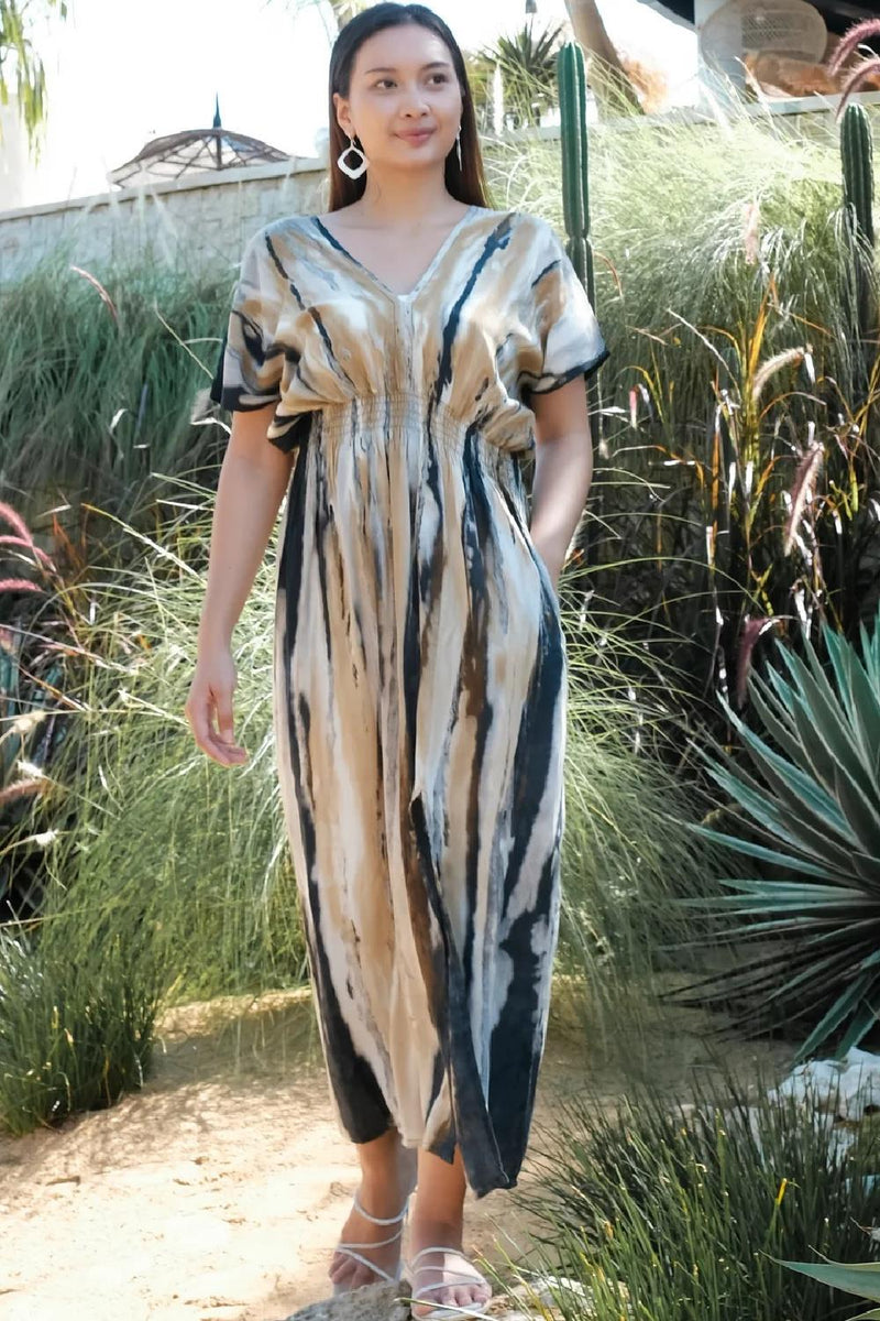 Suzie Blue Abstract Tie Dye V-Neck Dress, Grey/Gold (LS1325GY)
