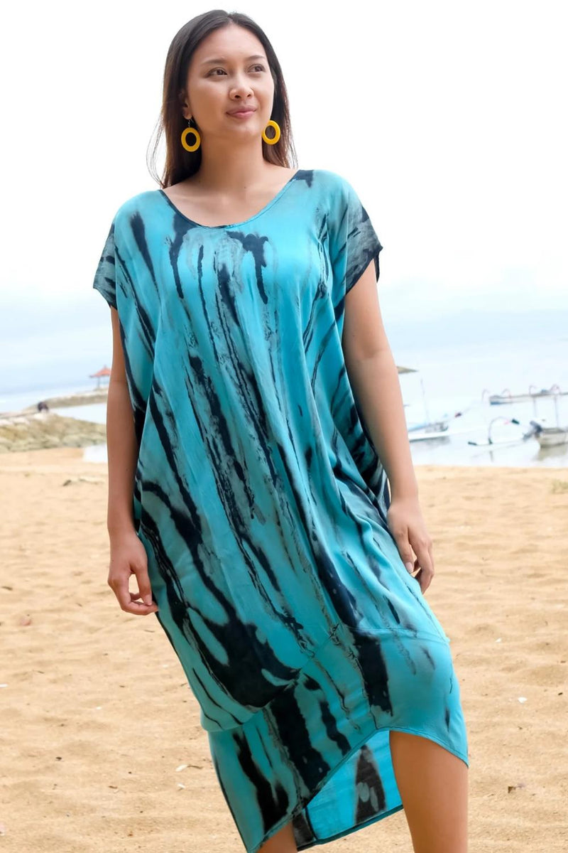 Suzie Blue Abstract Tie Dye Kaftan Dress, Blue (LS1320BU)