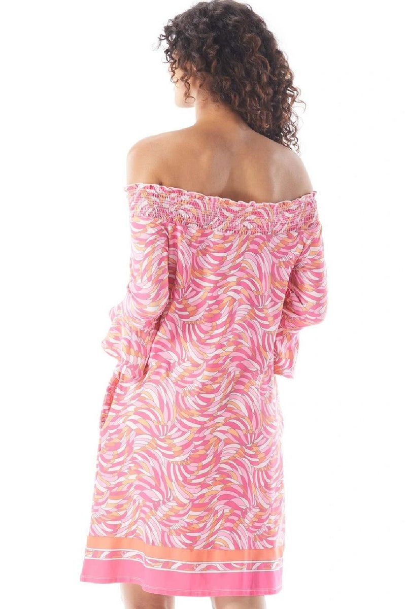 Beach House Style Kelsea Smocked Off The Shoulder Dress, Pink Tropics (HD02626)Tropics