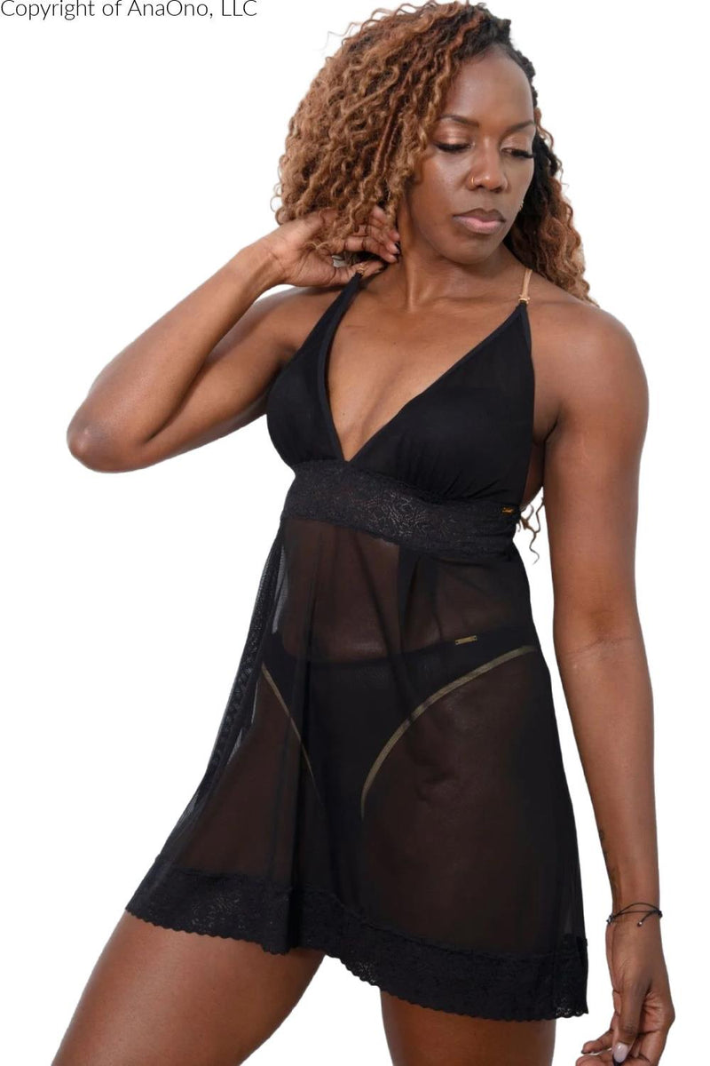 AnaOno Narmda Mesh Babydoll Dress, Black (AO-214)