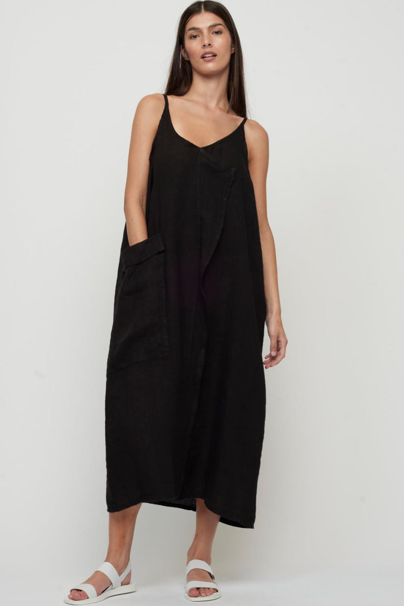 Pistache Sleeveless Fold Over Linen Dress with Large Patch Pocket, Black (D-23167)