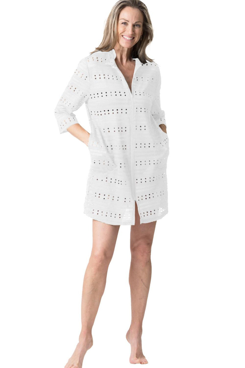 Cover Me Eden Rock Plus 3/4 Sleeves Zipper Swim Cover-Up, White (24057118X)