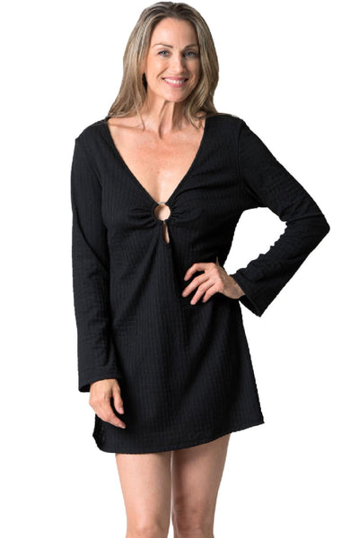 Cover Me Pebble Beach Plus Size Long Sleeve Ring Cover Up Black