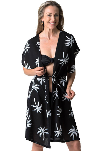 Cover me Palm Linen Front Tie Cover-Up, Black/white (24052886)