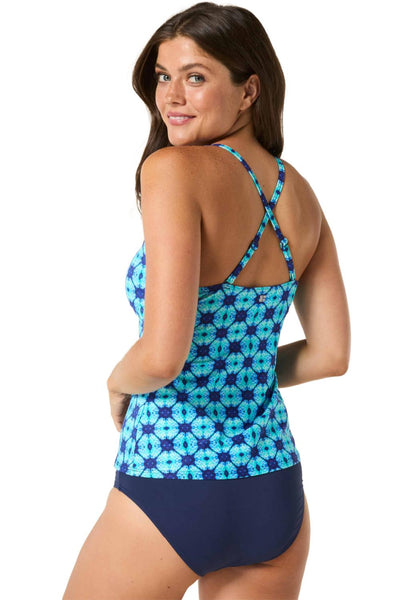 Beach House Sport Ambition Fitted Cross Back Tankini Top, Tropical Grid Jersey (H8F896)