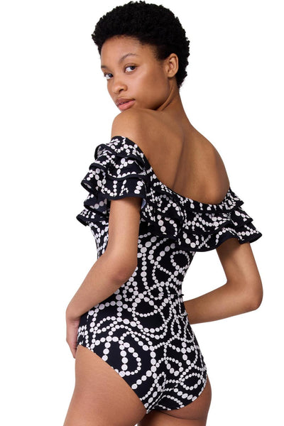Kate Spade Ruffle Off-the-shoulder One Piece Swimsuit, Black (S20216)