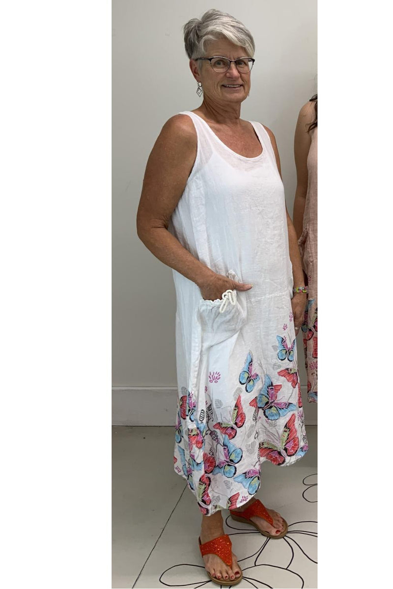 100% Linen Butterflies Dress, White (TM0337BU)