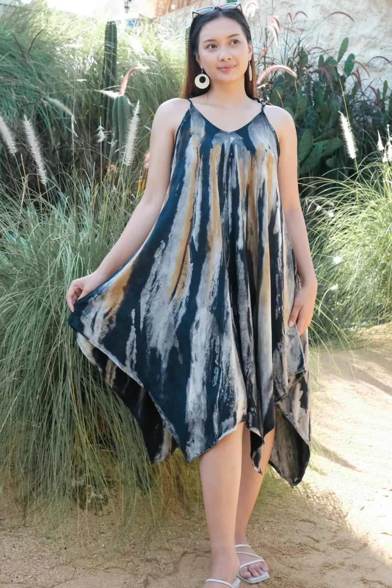 Suzie Blue Abstract Tie Dye Handkerchief Dress, Grey/Gold (LS1321GY)