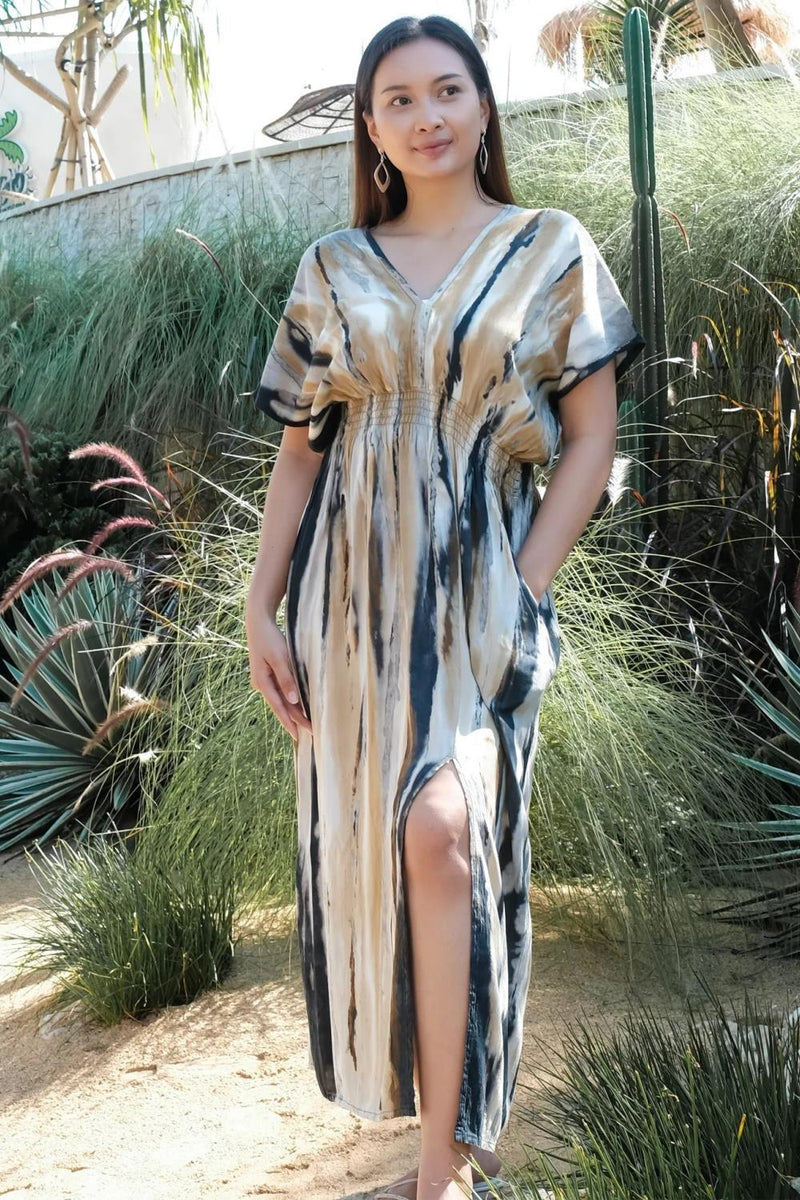 Suzie Blue Abstract Tie Dye V-Neck Dress, Grey/Gold (LS1325GY)