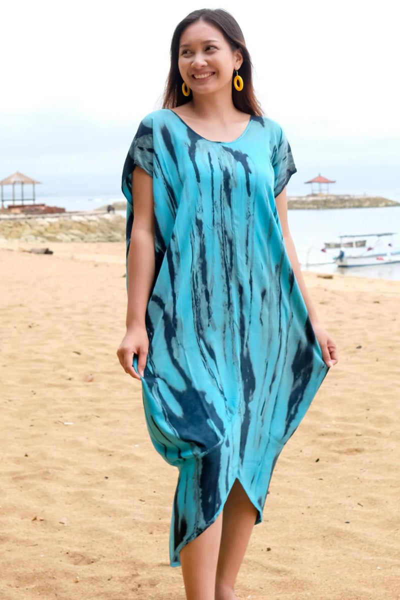 Suzie Blue Abstract Tie Dye Kaftan Dress, Blue (LS1320BU)