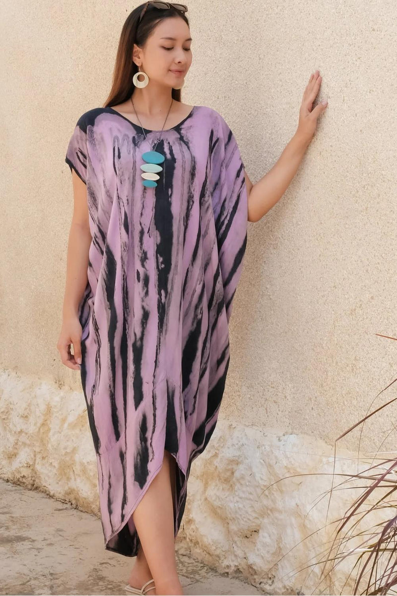 Abstract Tie Dye Kaftan Dress LS1320PU Purple