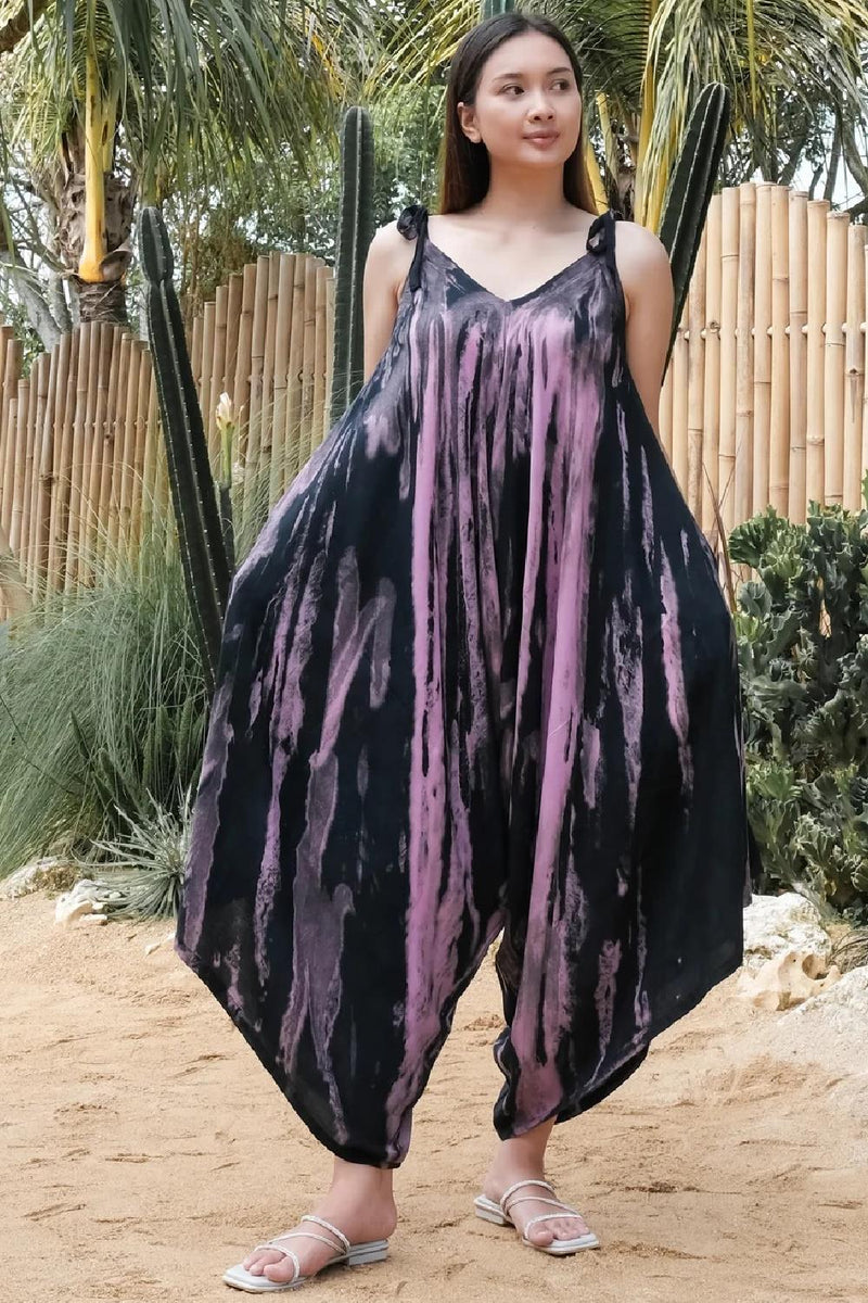 Suzie Blue Abstract Tie Dye Design Romper, Purple (LS1323)