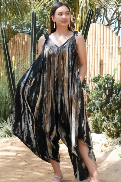 Suzie Blue Abstract Tie Dye Design Romper, Grey & Gold (LS1323)