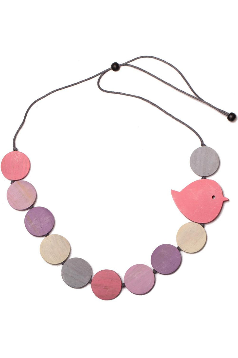 Fat Bird on Wooden Disk Necklace FB1314 Lilac Mix
