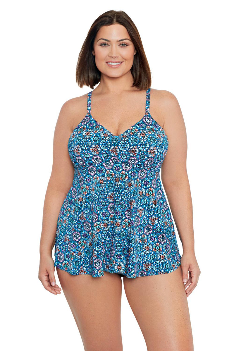 Penbrooke Tile Play Plus Size V-Neck Tankini, Multi (60200030X)