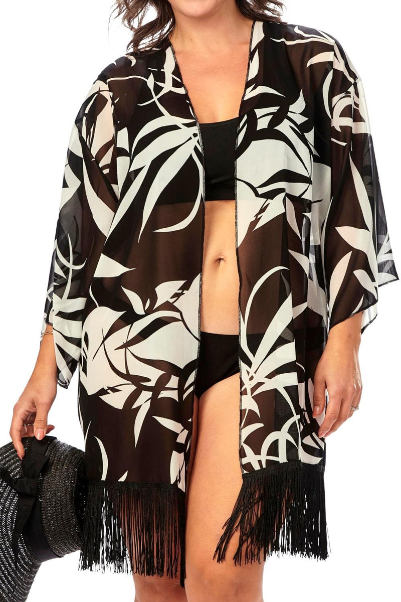 Rapz Fringe Short Kimono 4750F Leaf Print - Black