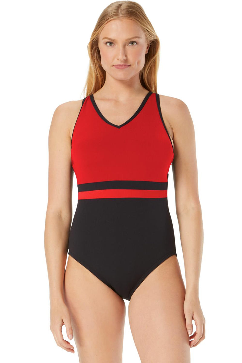 Gabar Color Block V-neck Girl Leg Swimsuit, Poppy (G8D404)