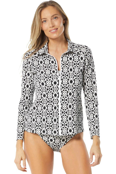 Beach House Island Grid Karen Rash Guard, Black (H3C595)