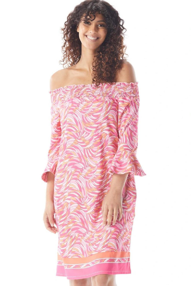 Beach House Style Kelsea Smocked Off The Shoulder Dress, Pink Tropics (HD02626)Tropics