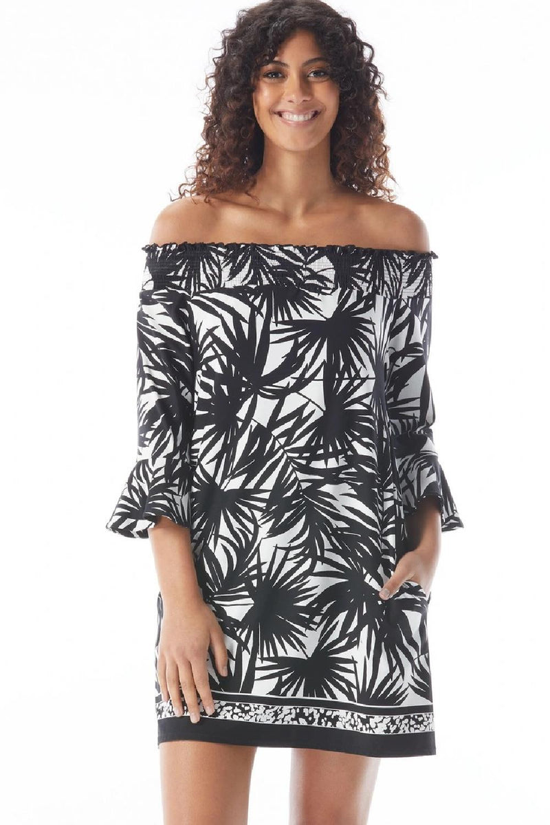 Beach House Style Kelsea Smocked Off The Shoulder Dress, Black (HD14624)