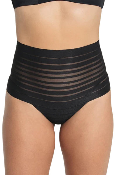 Leonisa Slimming Lace Stripe High-Waisted Thong, Black (012890)