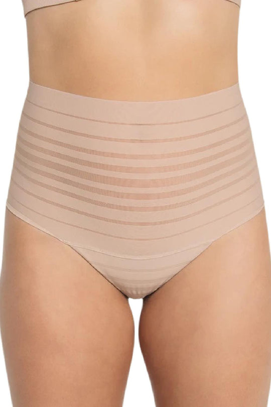 Leonisa Slimming Lace Stripe High-Waisted Thong, Nude (012890)
