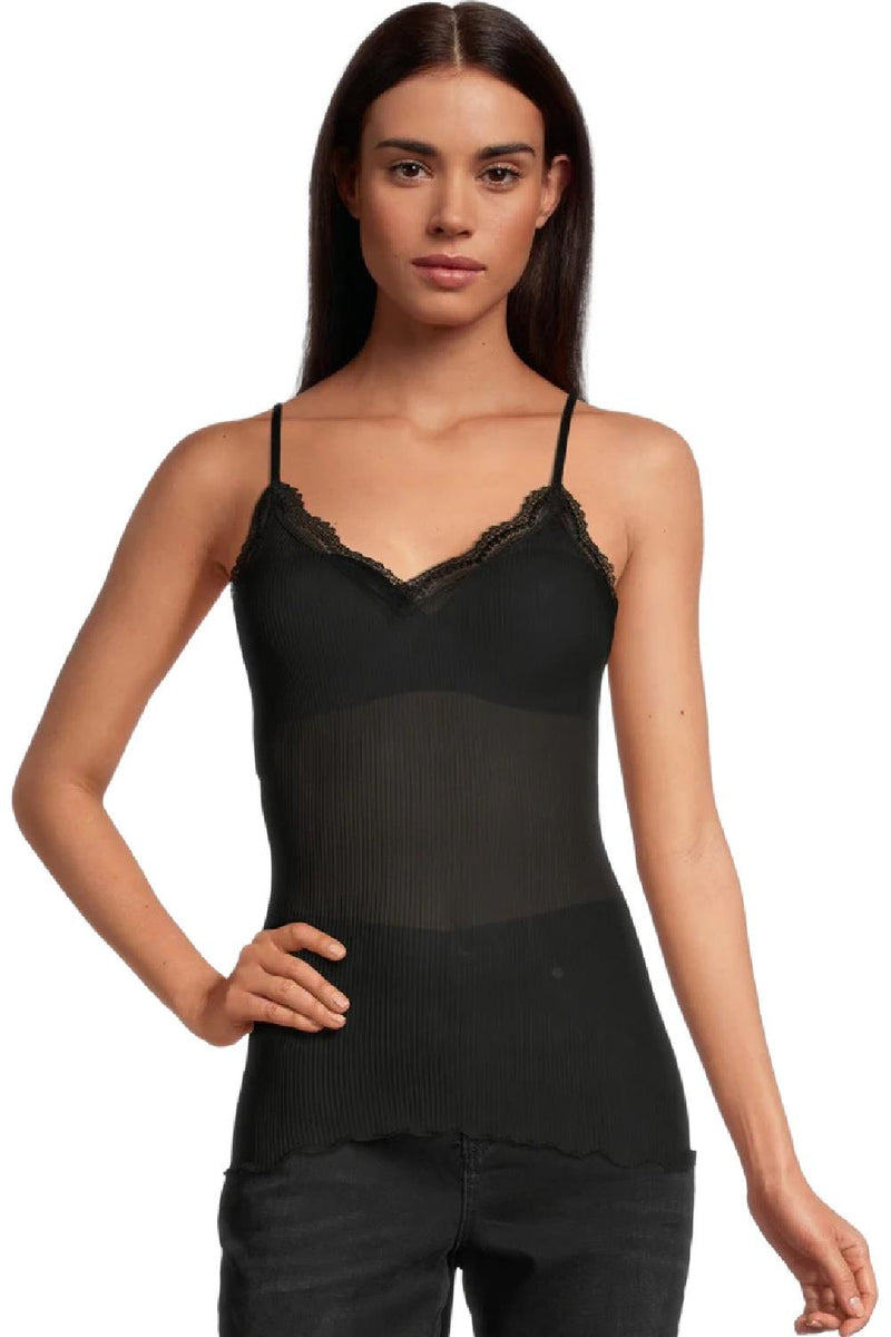 Oscalito Dentelle de Calais®” Spaghetti Top V-neck in pure silk, Black (9474)