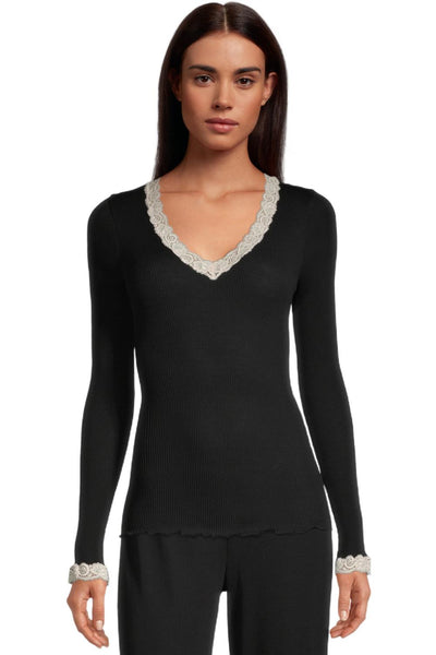 Oscalito Ribbed Long Sleeves Wool & Silk Top, Black/Beige (3404)