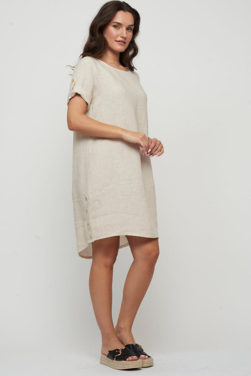 Pistache Linen Dress with Back Pleat and Buttons S-5078 Nude