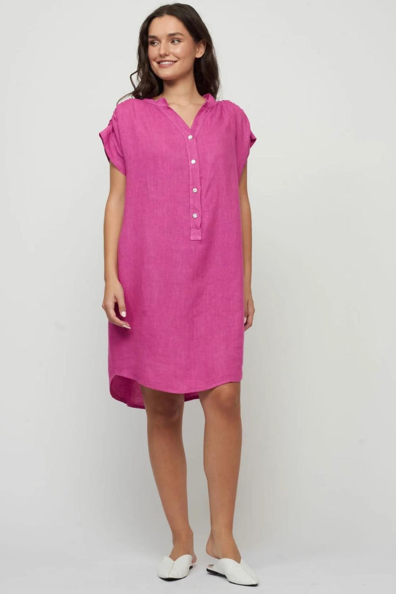 Pistache Ruched Shoulder Linen Dress, Orchid Pistache Ruched Shoulder Linen Dress, Orchid