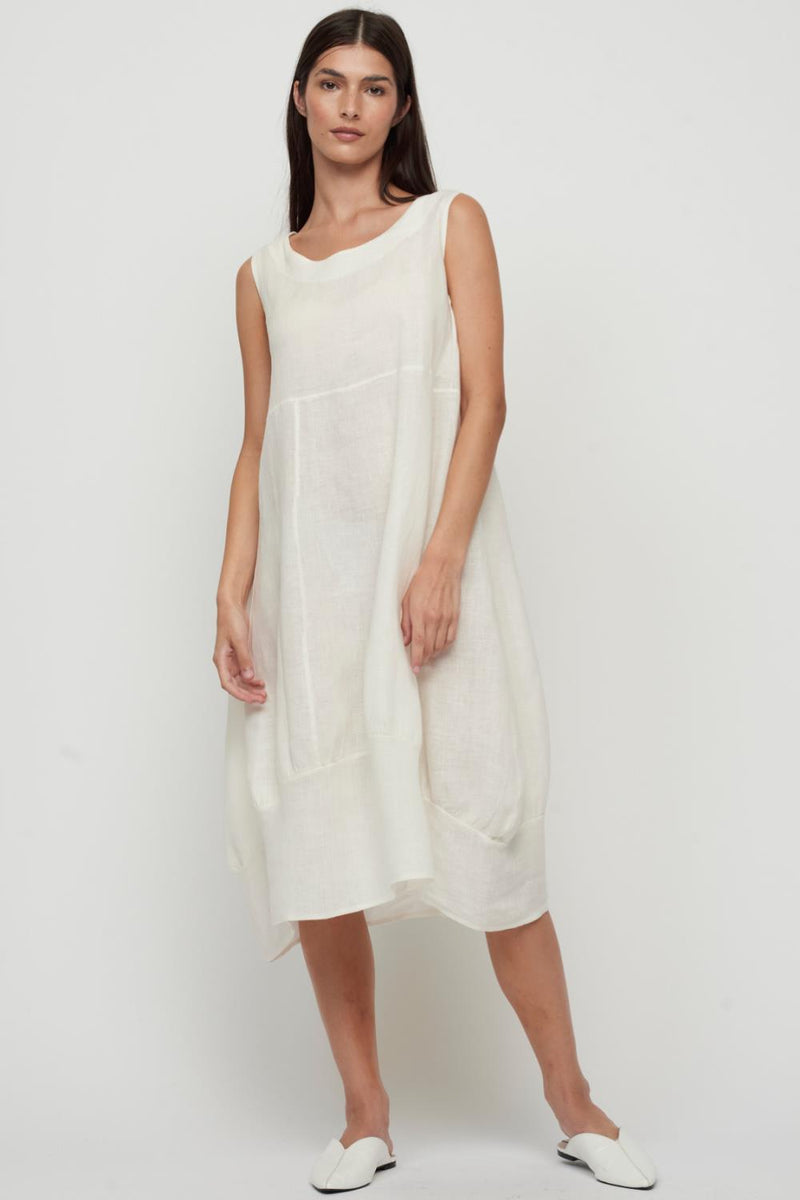 Pistache Sleeveless Linen Bubble Dress with Elastic Underarms N-2900 Ecru