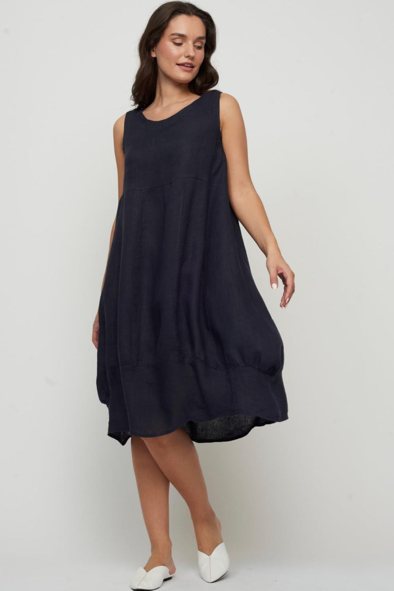 Pistache Sleeveless Linen Bubble Dress with Elastic Underarms N-2900 Navy