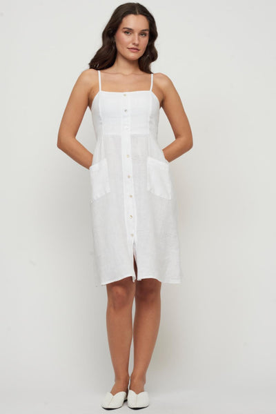 Pistache Button Down Linen Sun Dress, White (P-0057)