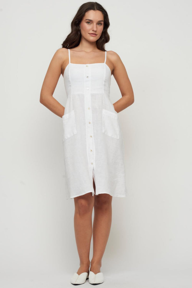 Pistache Button Down Linen Sun Dress, White (P-0057)
