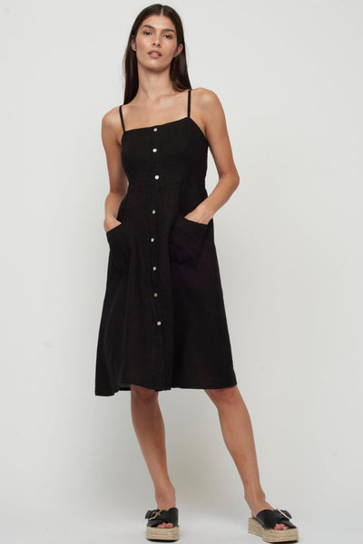 Pistache Button Down Linen Sun Dress, Black (P-0057)