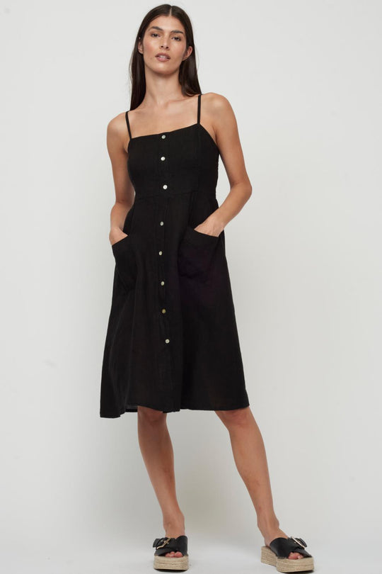Pistache Button Down Linen Sun Dress, Black (P-0057)
