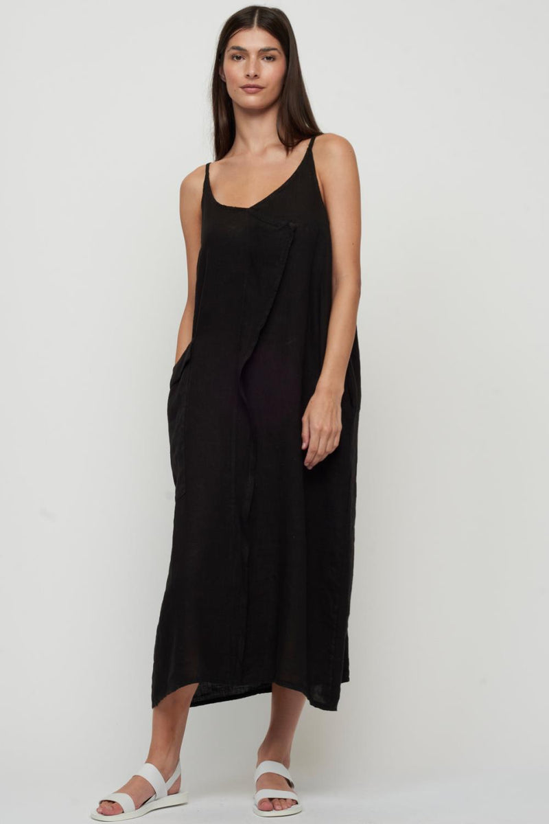 Pistache Sleeveless Fold Over Linen Dress with Large Patch Pocket, Black (D-23167)