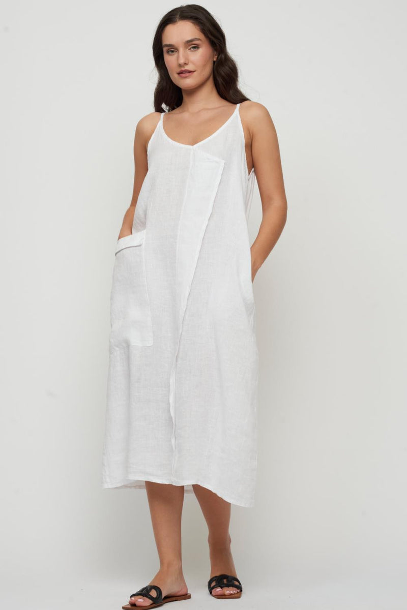 Pistache Sleeveless Fold Over Linen Dress with Large Patch Pocket, White (D-23167)