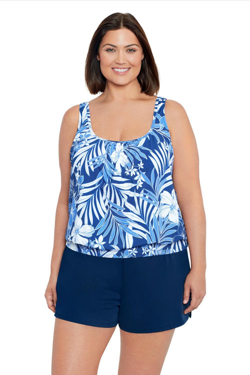 Penbrooke Shirred Neck Blouson Tankini In My Blues60200035X