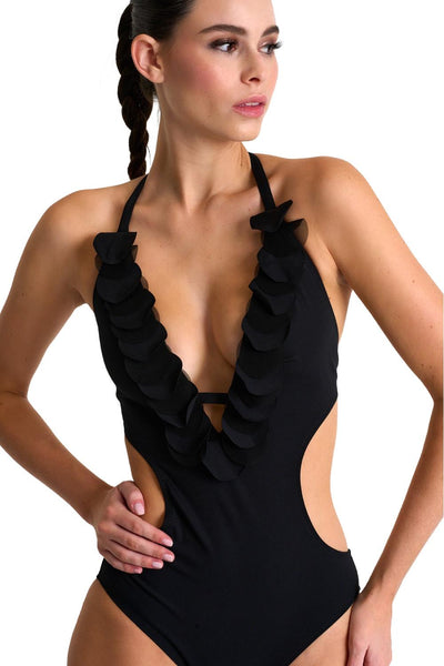 Shan Brianna Cut Out Halter Swimsuit, Caviar (42483-12)