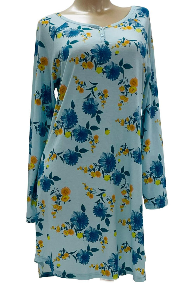 Cool Girl Blue Bells & Bliss Long Sleeve Night Shirt, Blue Floral (C225201)