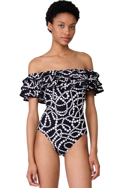 Kate Spade Ruffle Off-the-shoulder One Piece Swimsuit, Black (S20216)