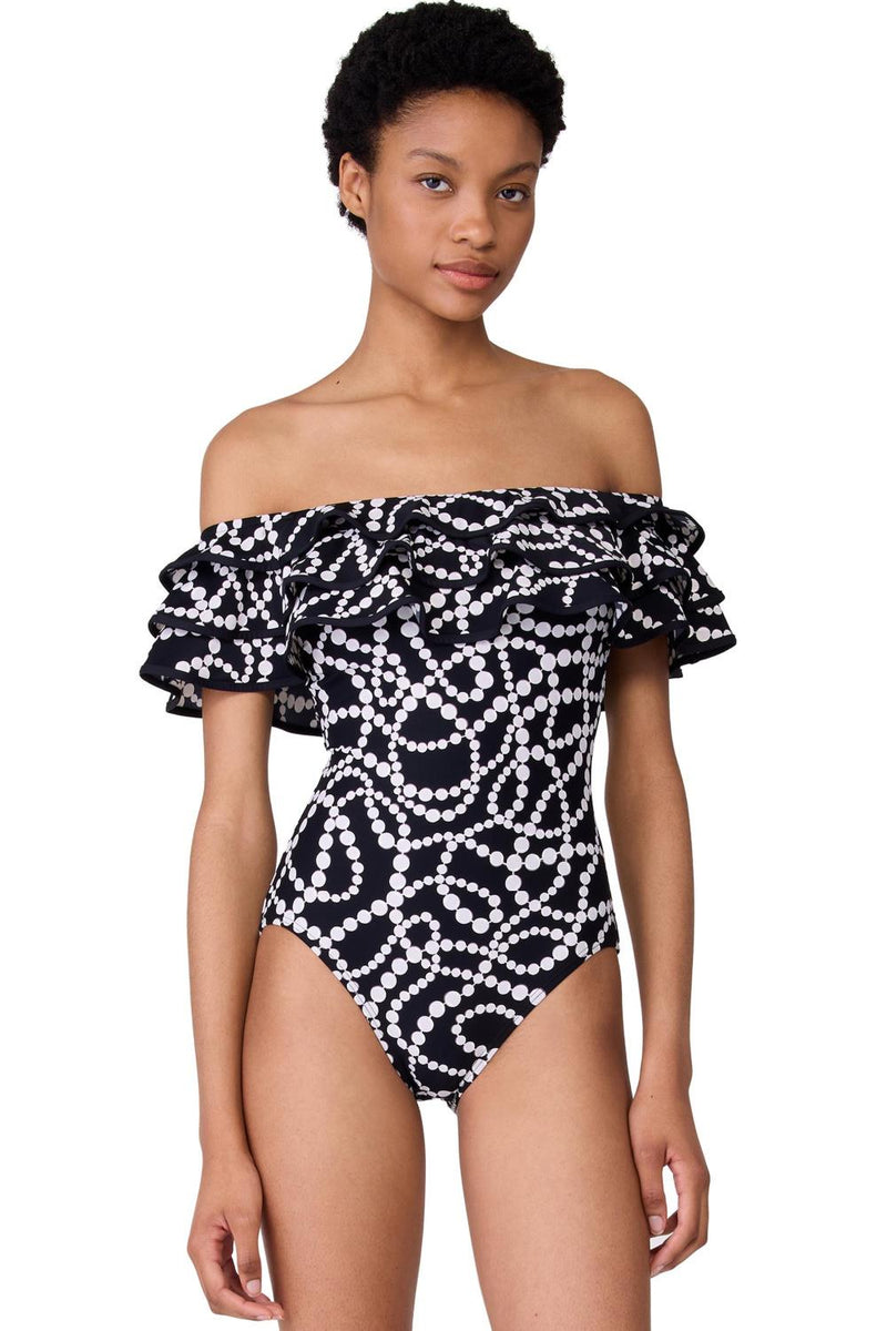 Kate Spade Ruffle Off-the-shoulder One Piece Swimsuit, Black (S20216)