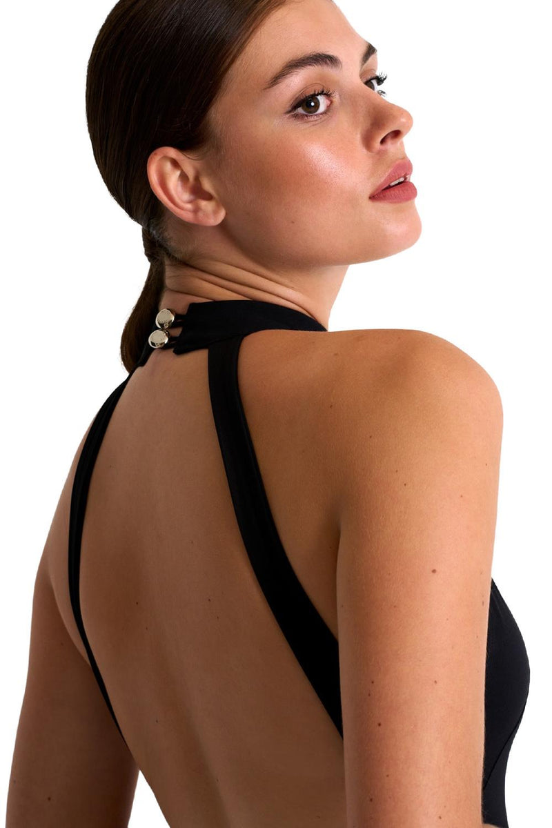 Shan Intemporel Plunging High-neck Swimsuit, Caviar (42390-11)