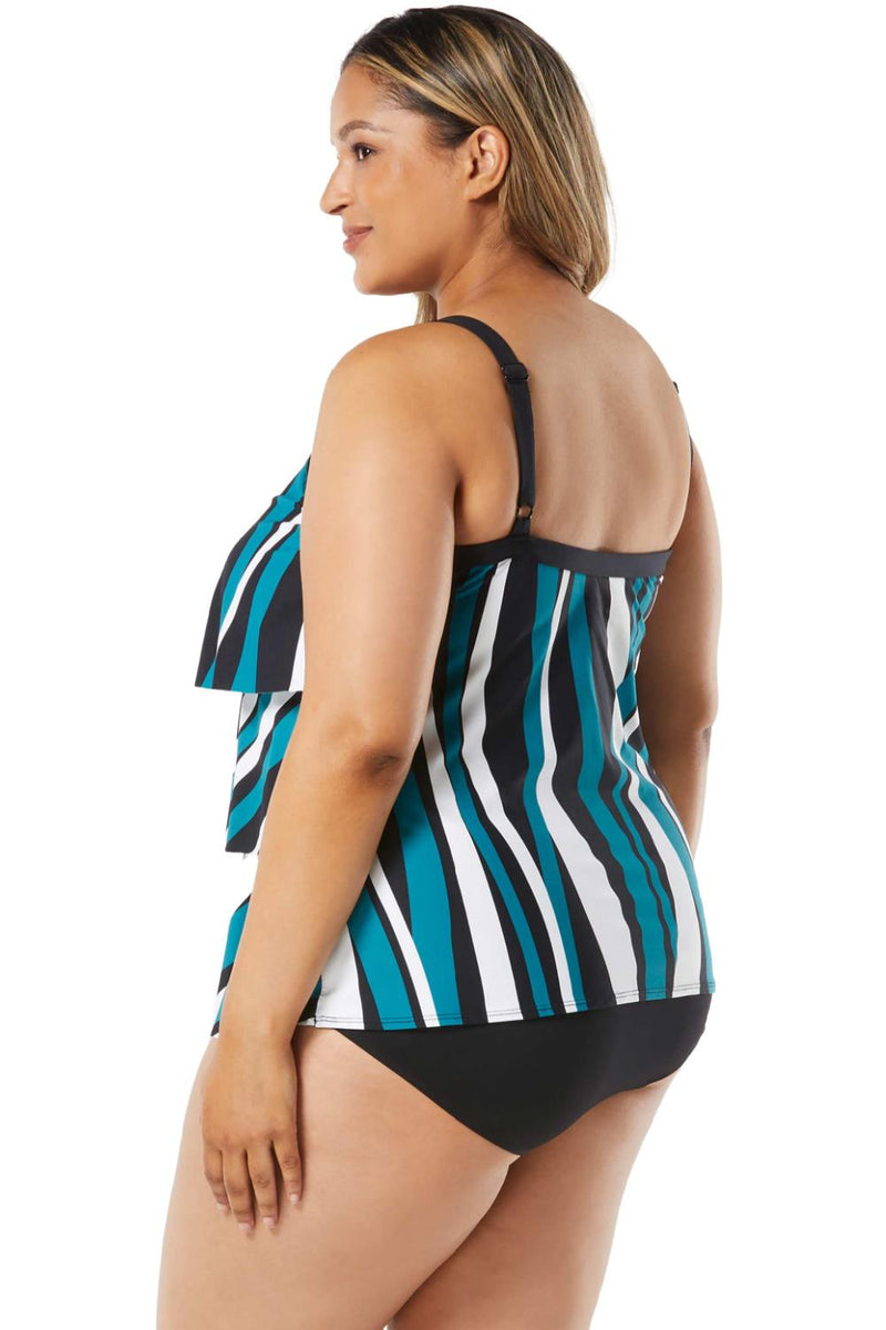 Beach House Jane Plus Size Ruffle Tiered Tankini Wave Pool Stripe Tankini HW08096